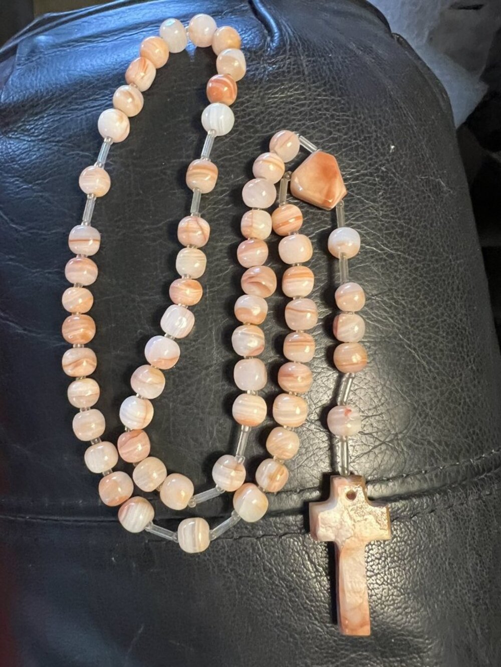 Pink Rose Quartz Stone Gem Cross Necklace Rosary